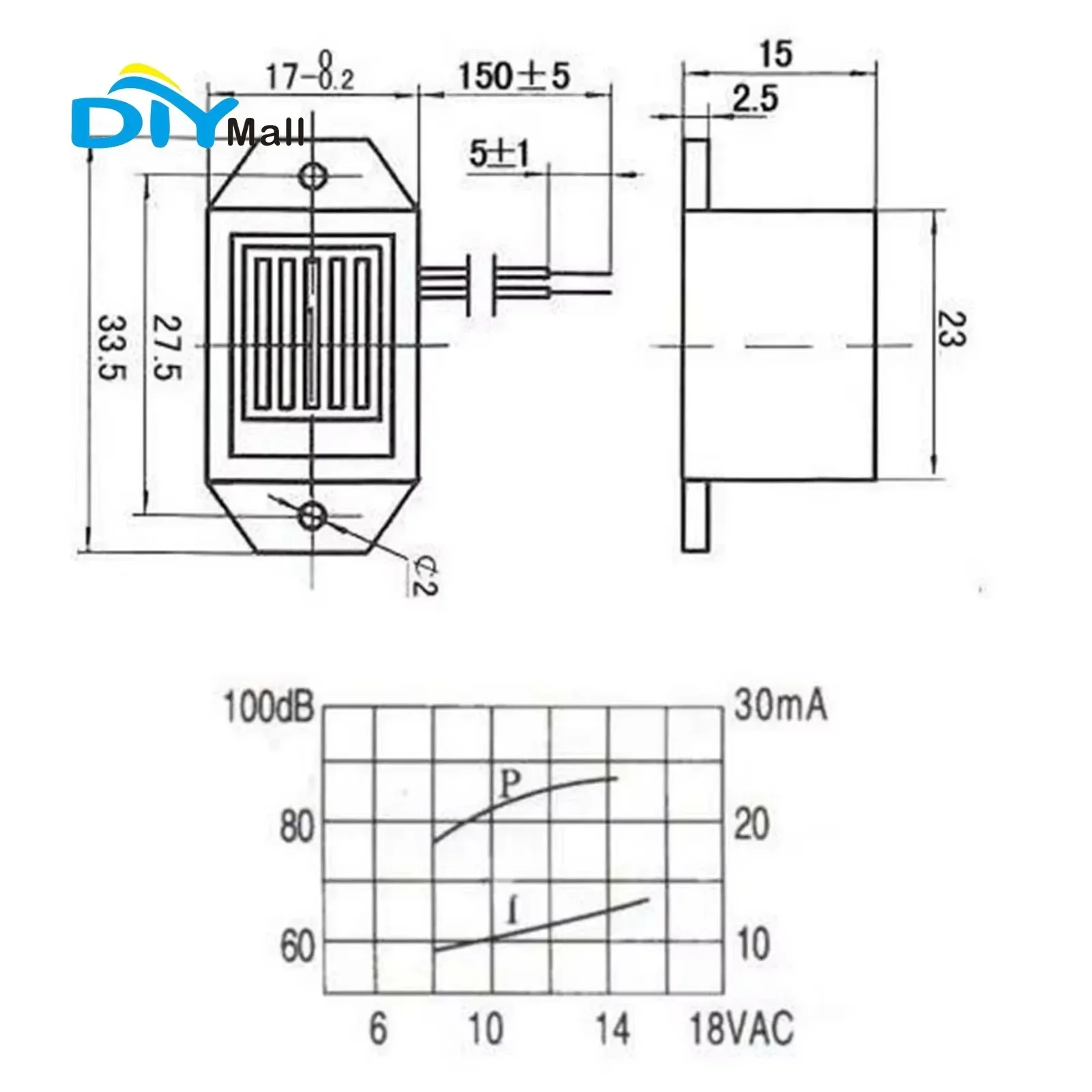 Mini alarma de zumbador mecánico de 12 VCC, tono constante de 85dB para circuitos electrónicos, 33,5x15mm
