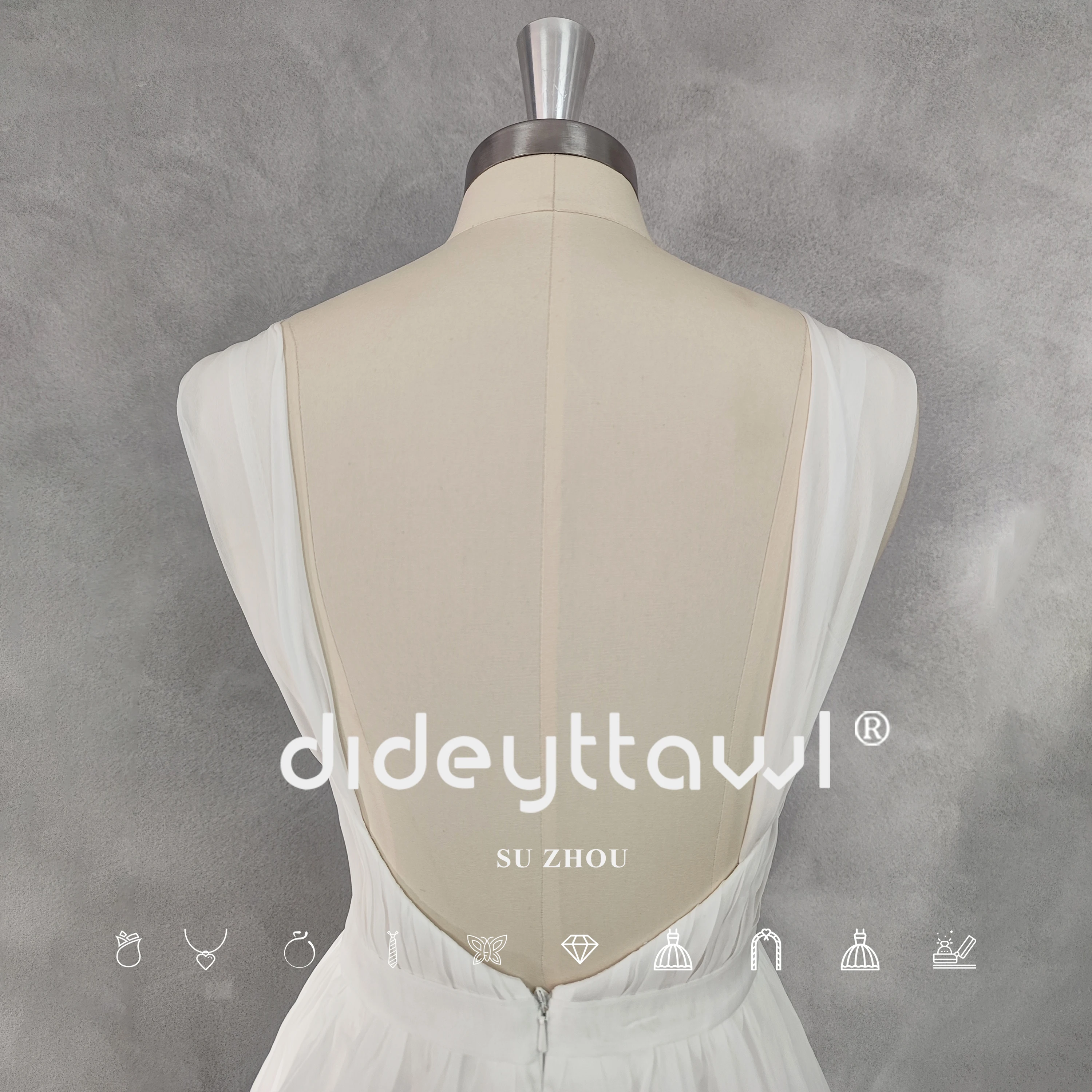 DIDEYTTAWL Real Picture V-Neck Pleats A-Line Cut Out Chiffon Wedding Dress Open Back Court Train Bridal Gown Custom Made