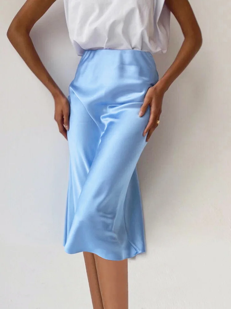 

New Elegant Ladies High Waisted Office Midi Bottom Spring Fashion Summer Satin Silk Long Skirt Purple Women