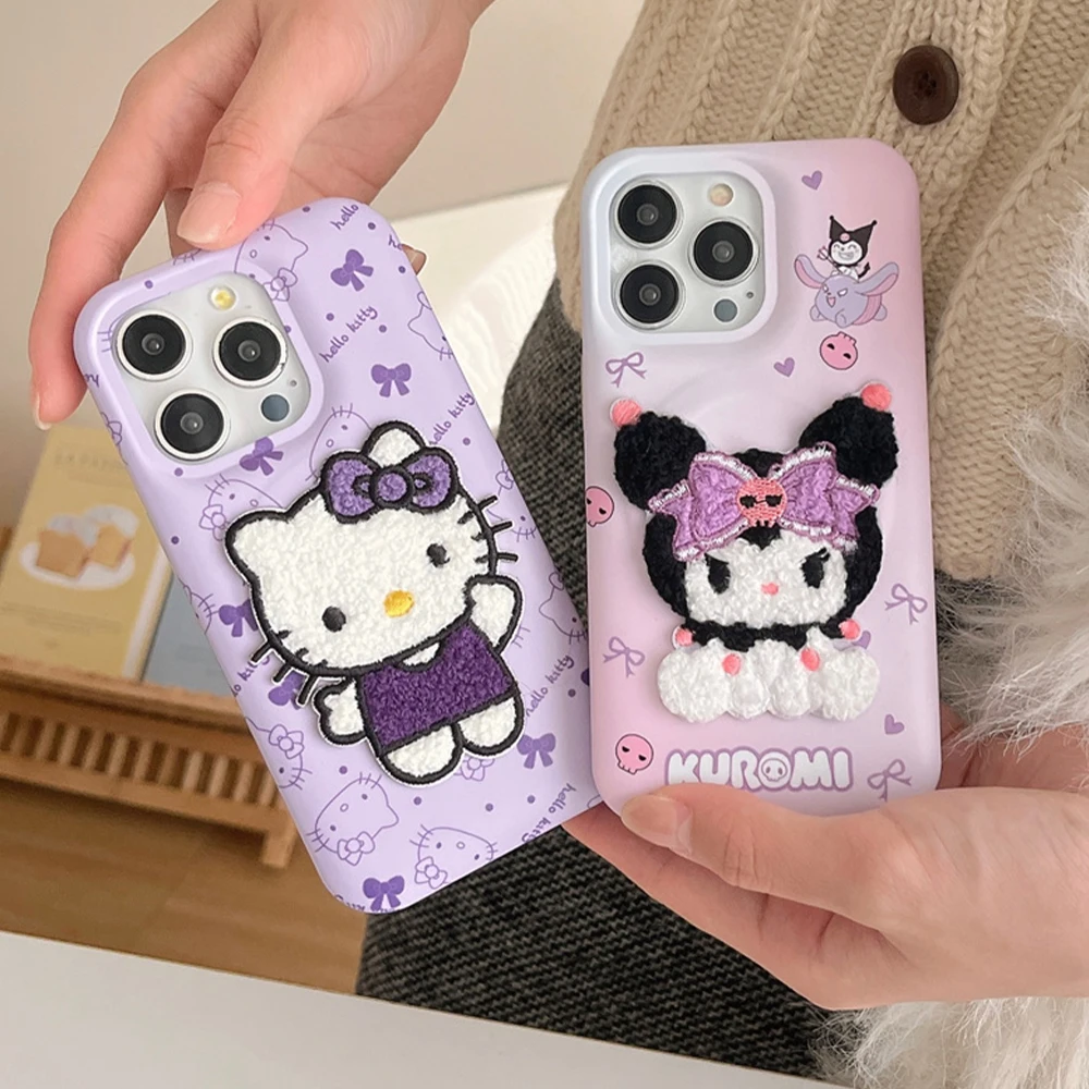 Sanrio Embroidered Plush Hello Kitty Kurumi Phone Case For iPhone 13 14 15 16 Pro Max Air Cushion Shockproof Protective Cover