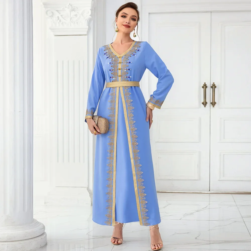 Slim Diamond Women Dress Turkish Modesty Robe Elegant Fashion Long Dress Arab Muslim Dress Abaya Long Sleeve Islamic Clothing