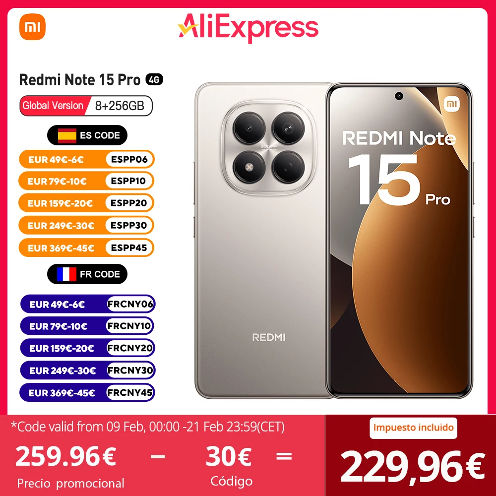 Xiaomi Redmi Note 15 Pro 4G Versión Global 8GB 256GB MTk Helio G200 Ultra, Pantalla AMOLED 6.77", 120Hz, 200MP, IP65, NFC, Sin Cargador