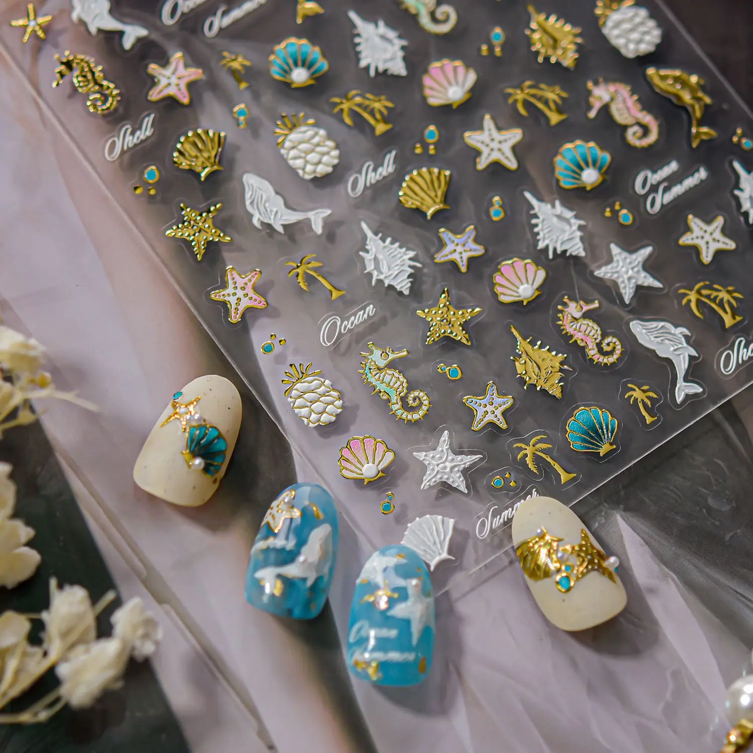 Summer Ocean Nail Decorations Stickers 5D Shell Starfish Seahorse Water Bubbles Self Adhesive Nail Art Sticker Manicure Decals