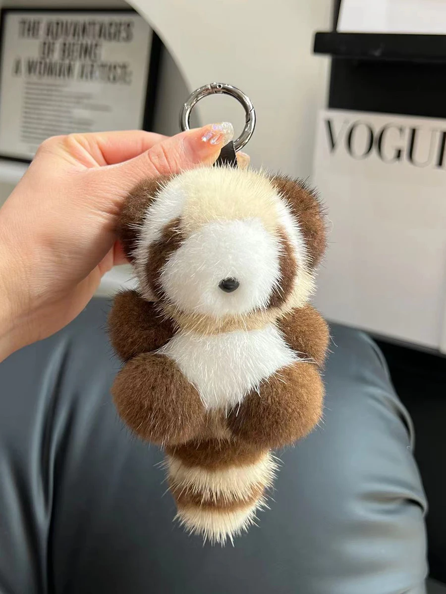 Cute Raccoon Real Mink Fur Keychain Plush Toy Trinkets Women Bag Hanging Ornaments Car Key Metal Ring Pendant Kids Classic Gift