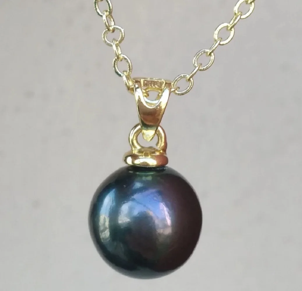 

New pendant AAAA+9-10mm 10-11 mm natural Tahiti round black pearl pendant necklace 18 inch/14k