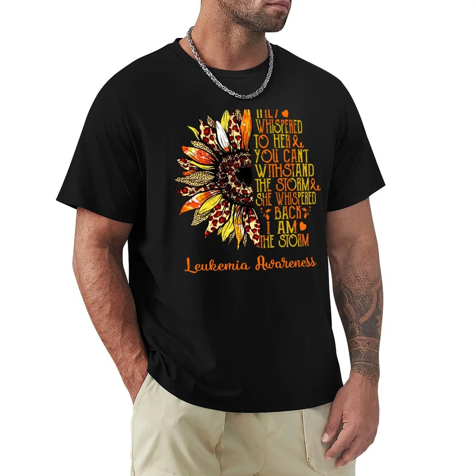I Am The Storm Sunflower Leopard Leukemia Awareness T-Shirt Active Sports Short Sleeve Cotton Shirt
