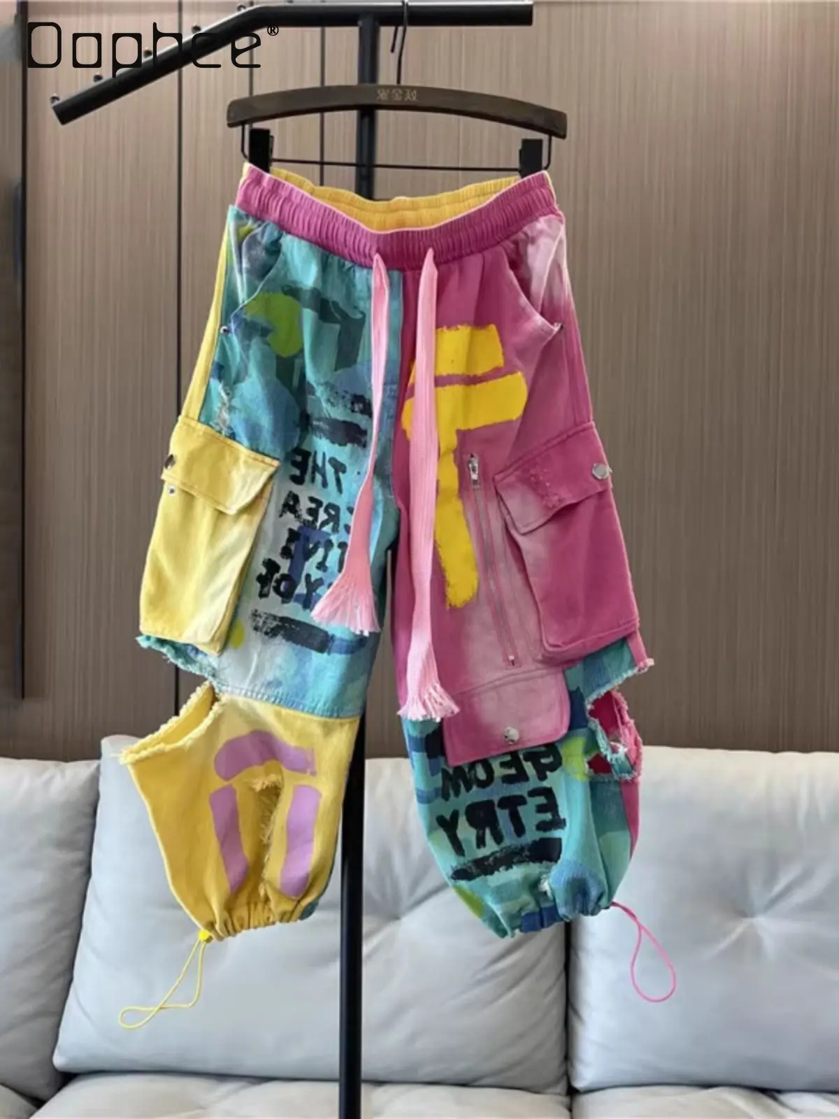 

Оригинальные женские джинсы в стиле хип-хоп 2026 года, летние, новые, с эластичным поясом, рваные, карго, прямые, джоггеры, капри