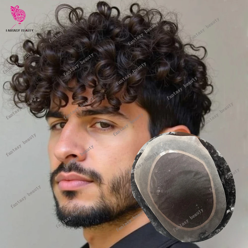 

100% Human Hair Lace&PU MONO Base Toupee 24mm 26mm 28mm Loose Curly Hairstyle for Male Black Hair #1 #1B Breathable Base Hairpie