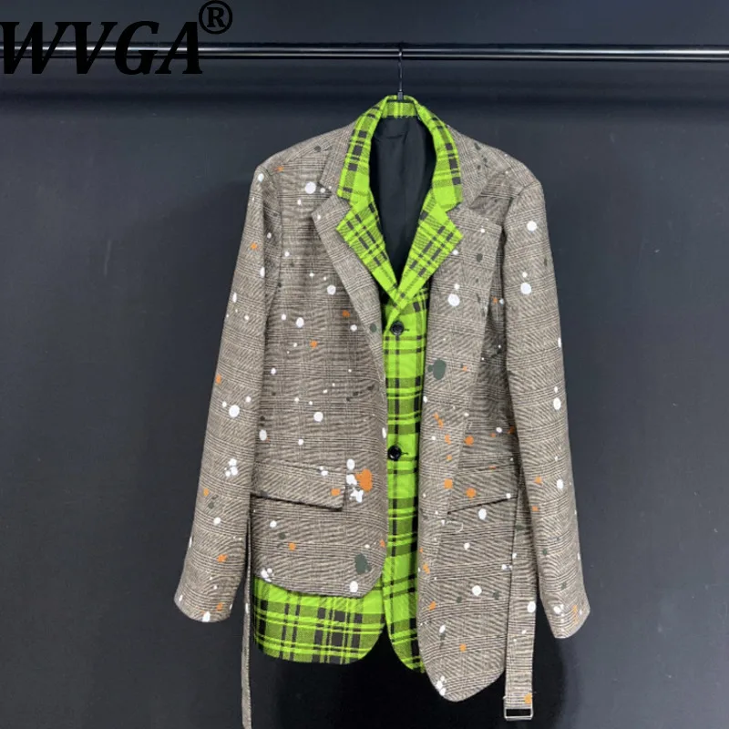 

WVGA Autumn Winter New Man Tide Splatter Paint Fake 2-Piece Suit Coat Belt Waist Design Irregular Niche Casual Blazer Ins W12316