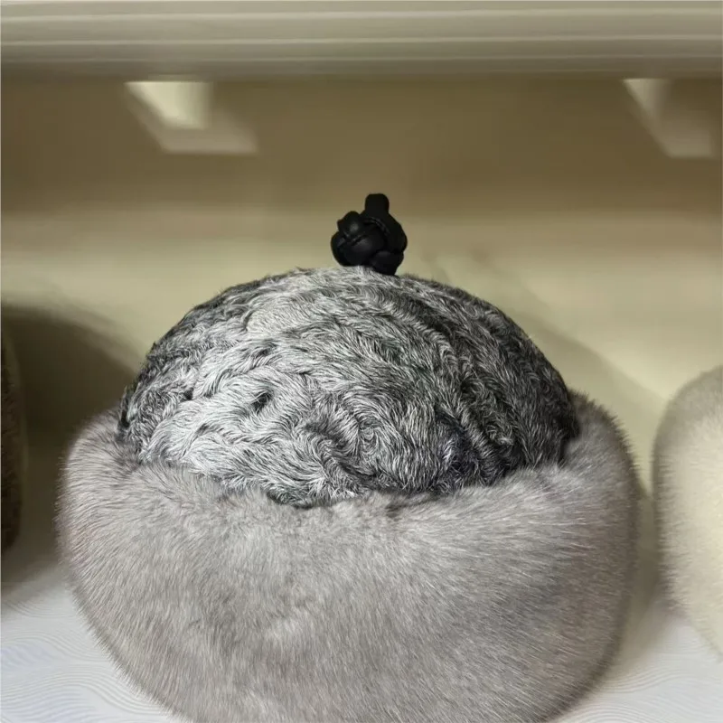 New style of mid-to-old water-wool hat domed fur integrated outdoor warm leather and real wool