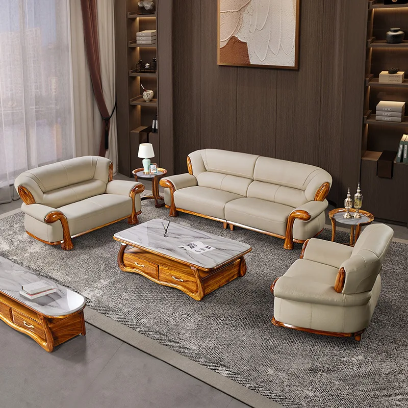 Ebony leather sofa simple modern villa living room new Chinese first layer cowhide solid wood