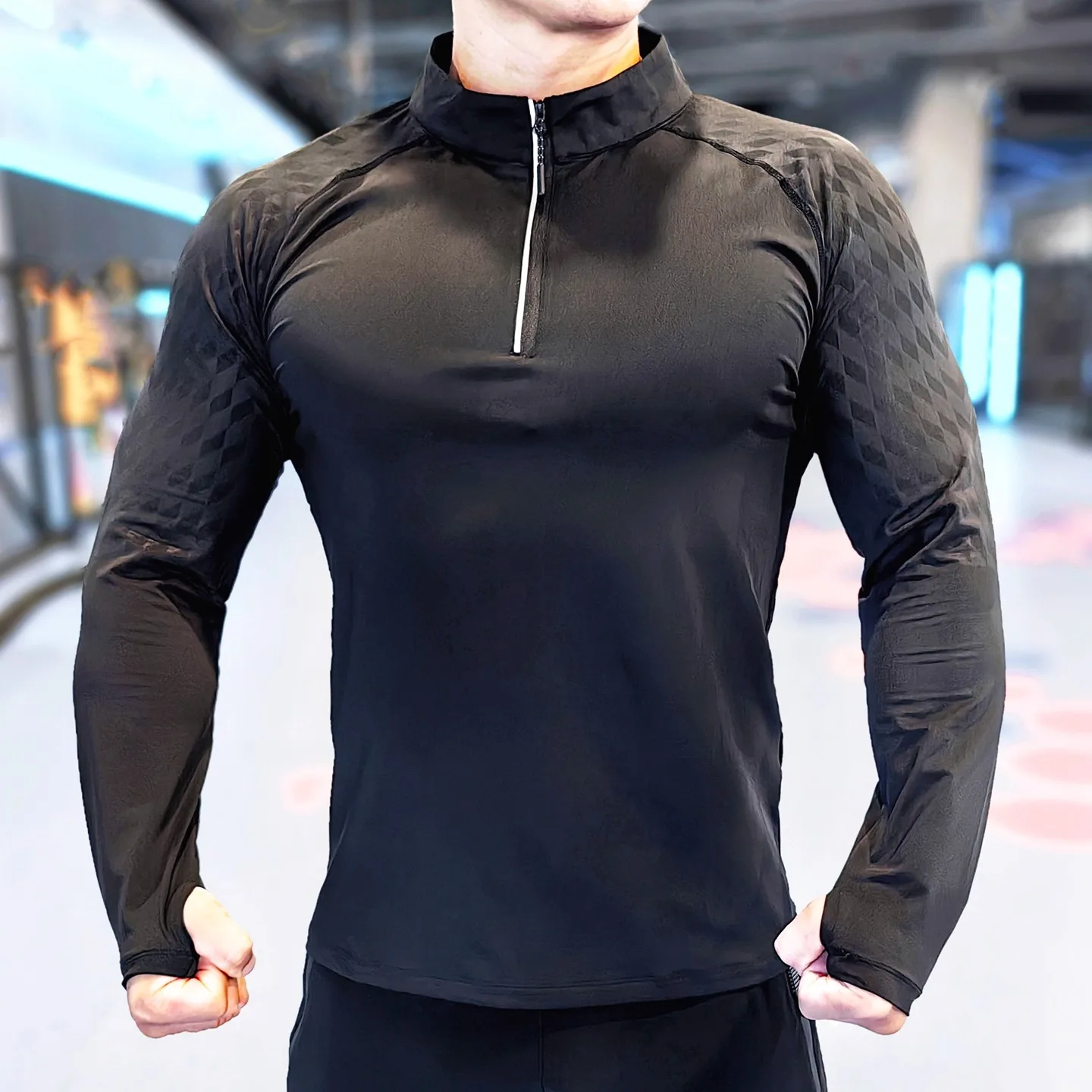 Stand-up Collar Sports Long Sleeve Men Quick-drying Breathable Outdoor Running Gym Fitness Training Clothes Elastic Slim-fit Top