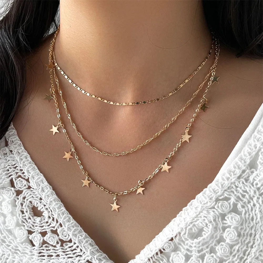 Vintage Geometric Fashion Gold-plate Punk Chain Five-pointed Star Pendant Necklace For Women Boho Multilevel Choker Jewelry Gif