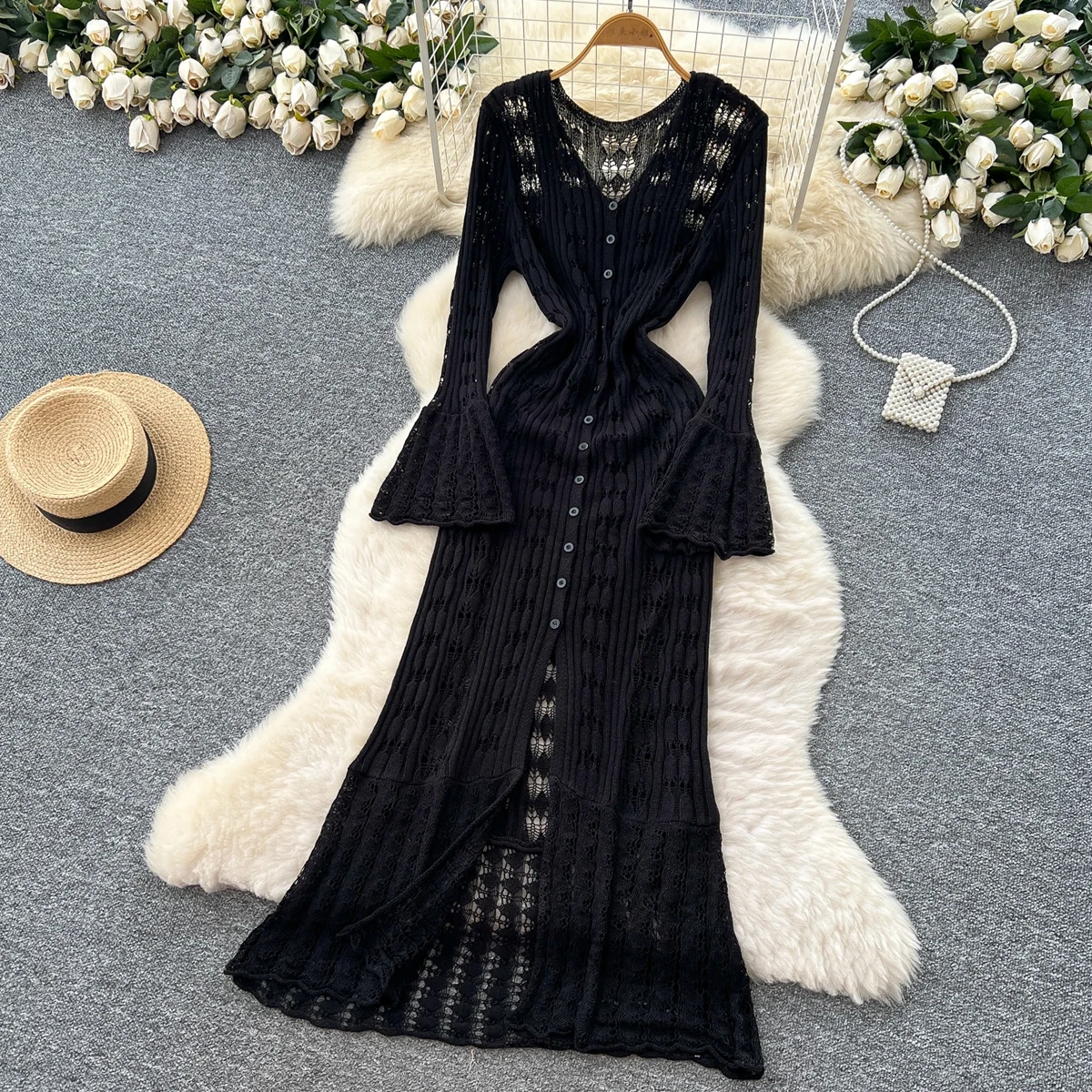 Cárdigan de manga acampanada calado de punto de estilo largo, cubierta de protección solar informal de moda, estilo ajustado para todas las estaciones