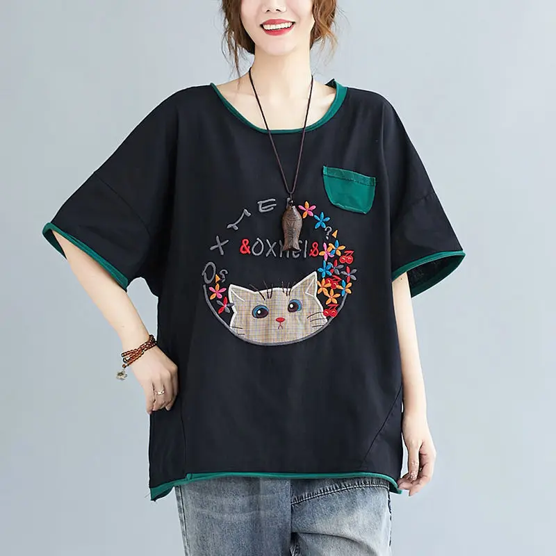 Women Summer Simplicity Loose Large Size Embroidered O-neck Short Sleeve T-Shirt Women Clothes Casual Vintage All-match Tops