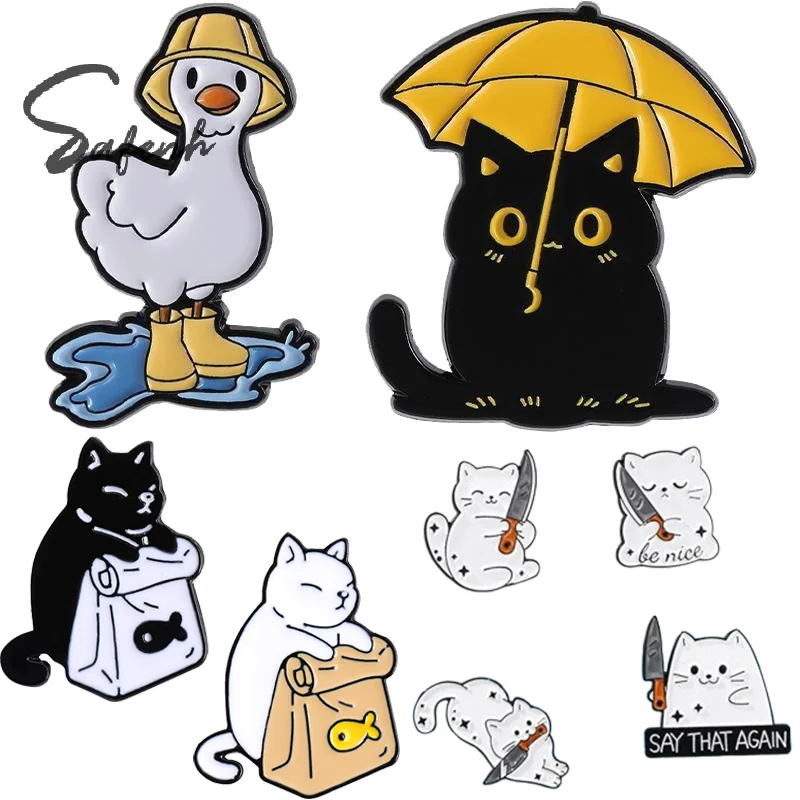 Funny Black Cat With Umbrella Enamel Pins Duck With Rain Boots Metal Brooches Lapel Badge Backpack Metal Pin Jewelry Gifts