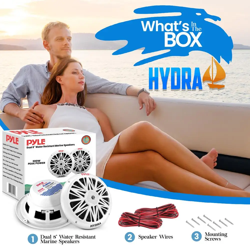파일 마린 스피커, 방수, 내후성, 8인치 듀얼, 10인치 외부 프레임, 300와트 출력, 폴리카본 콘, 천