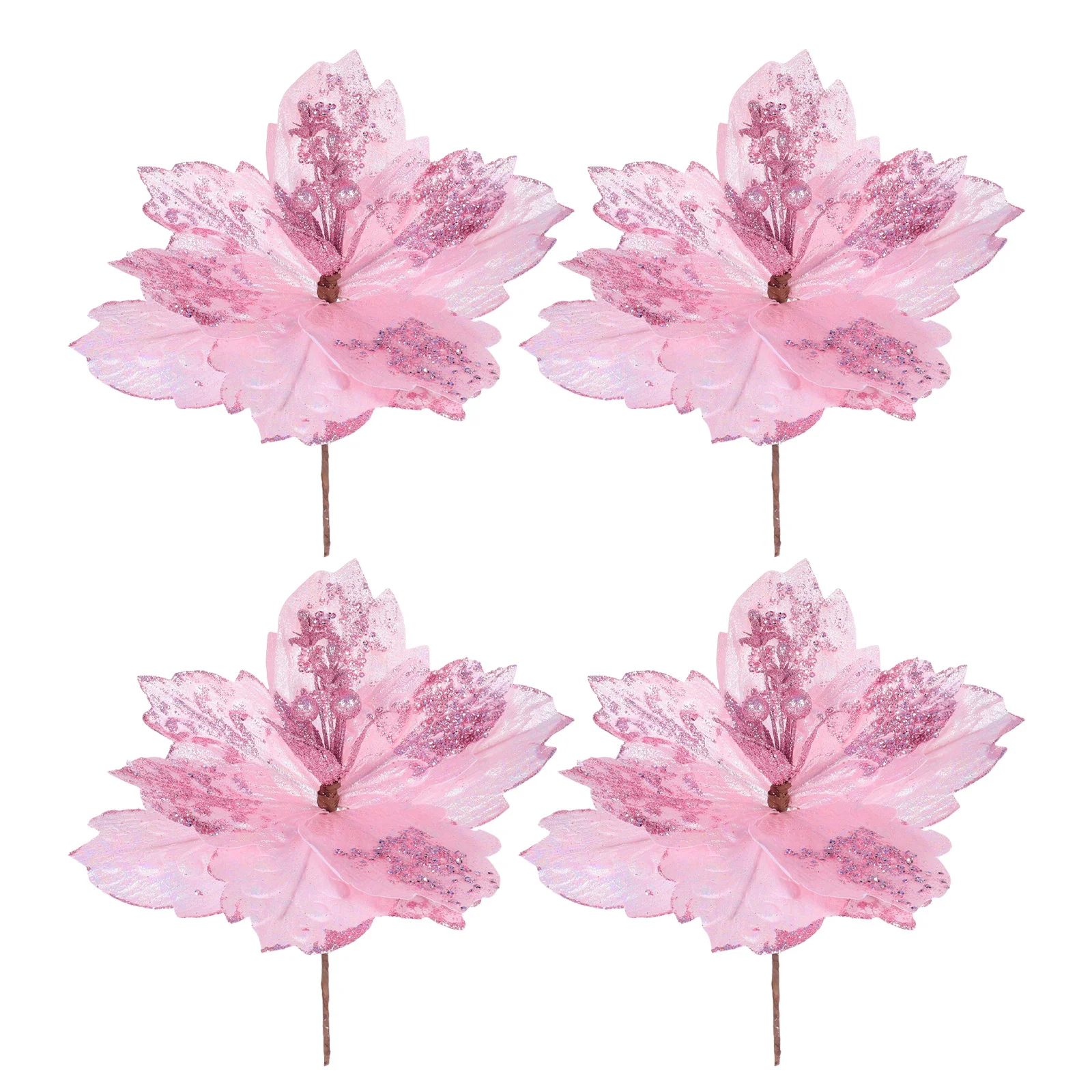 

4Pcs Sparkling Christmas Flowers Pink Glitter Fabric Poinsettias Holiday Faux Floral Picks Artificial Blooms for Xmas Decor