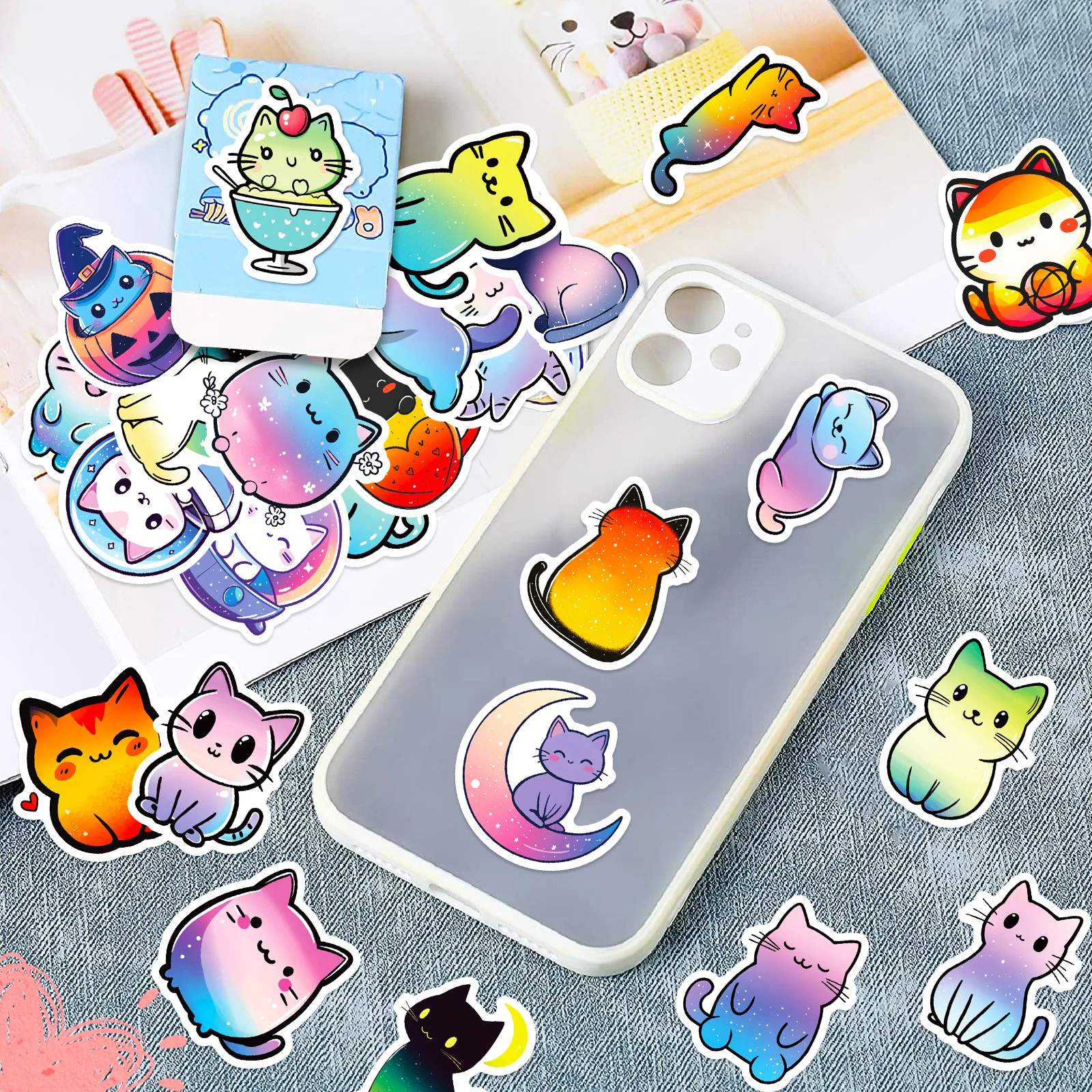 50Pcs Cute Colorful Cat Stickers DIY Stickers Scrapbooking Phone Luggage Skateboard Waterproof Decals
