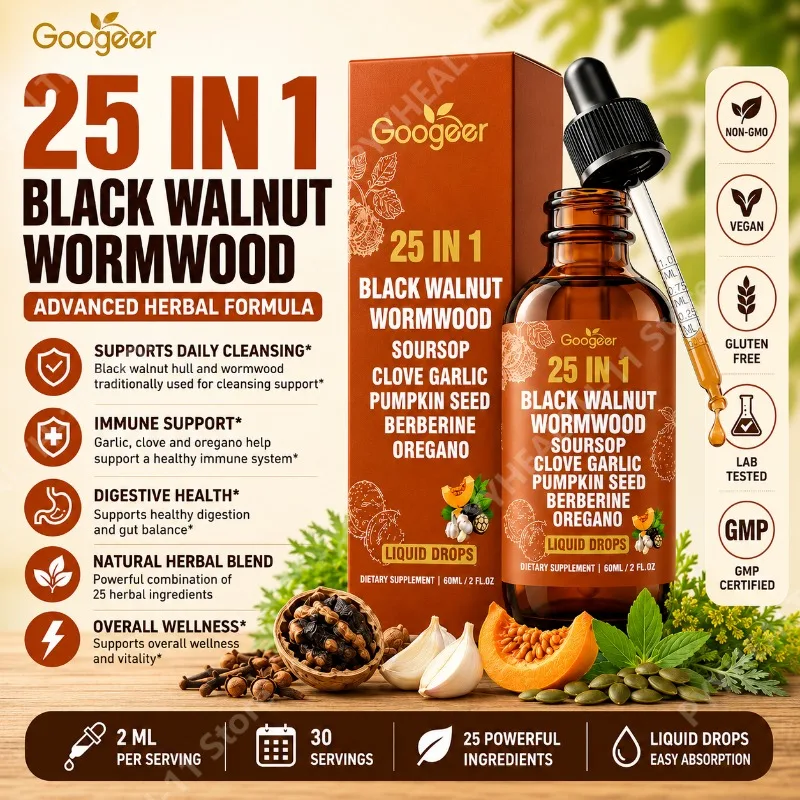 Googeer 25 in 1 Black Walnut Wormwood Drops with Clove Garlic Pumpkin Seed Oregano Daily Digestive Wellness for Adults 60ml