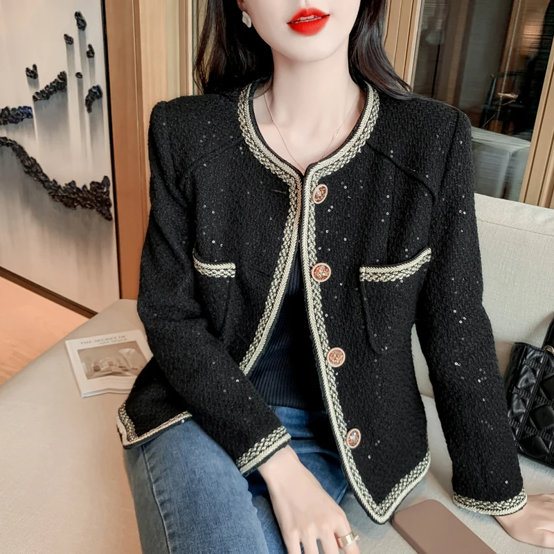 Elegant Short Coat Women's Fashion Autumn Winter New Style Bright Sequin Thick Tweed Single Button High Quality Outerwear