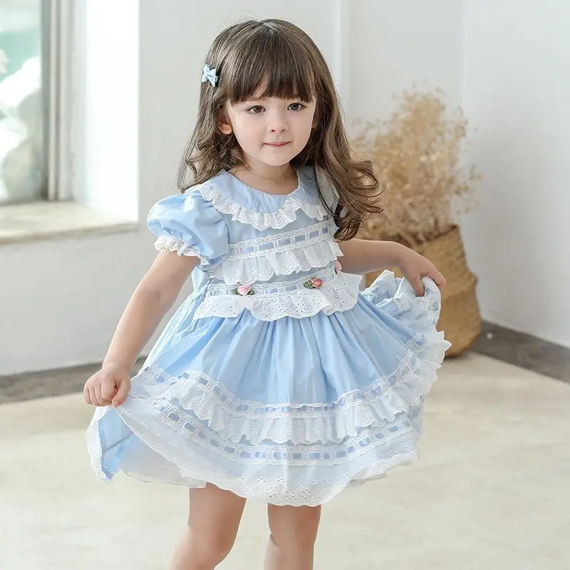 Kids Girl Lolita Short Sleeve Dress Summer Children's Pink Palace Princess Puff Dress 80-120cm