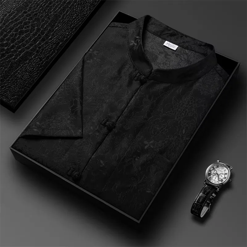 Black 100% Silk Shirts For Men Premium Lightweight Chinese Style Summer Quality Gambiered Canton Gauze Fashion Camisas De Hombre