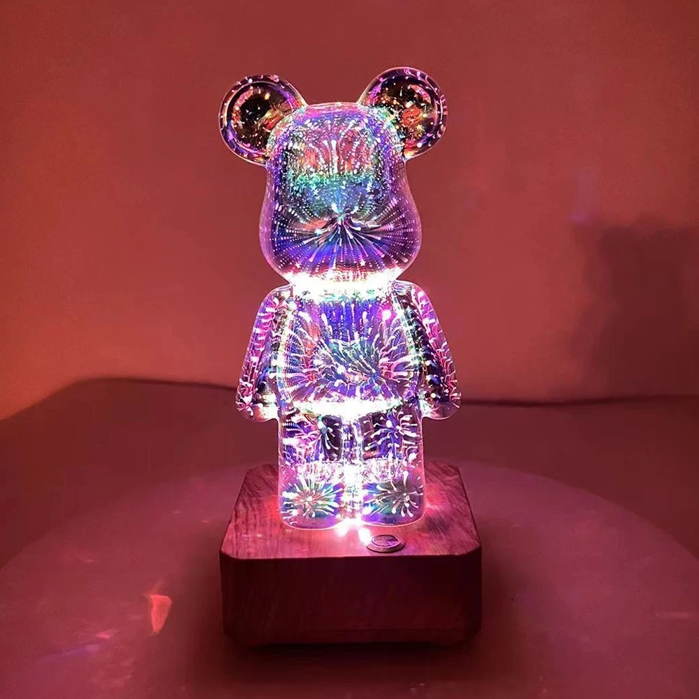 LED 3D Bear Firework Night Light USB Projector Lamp Color Changeable Ambient Lamp Suitable for Children Room Bedroom Decoration