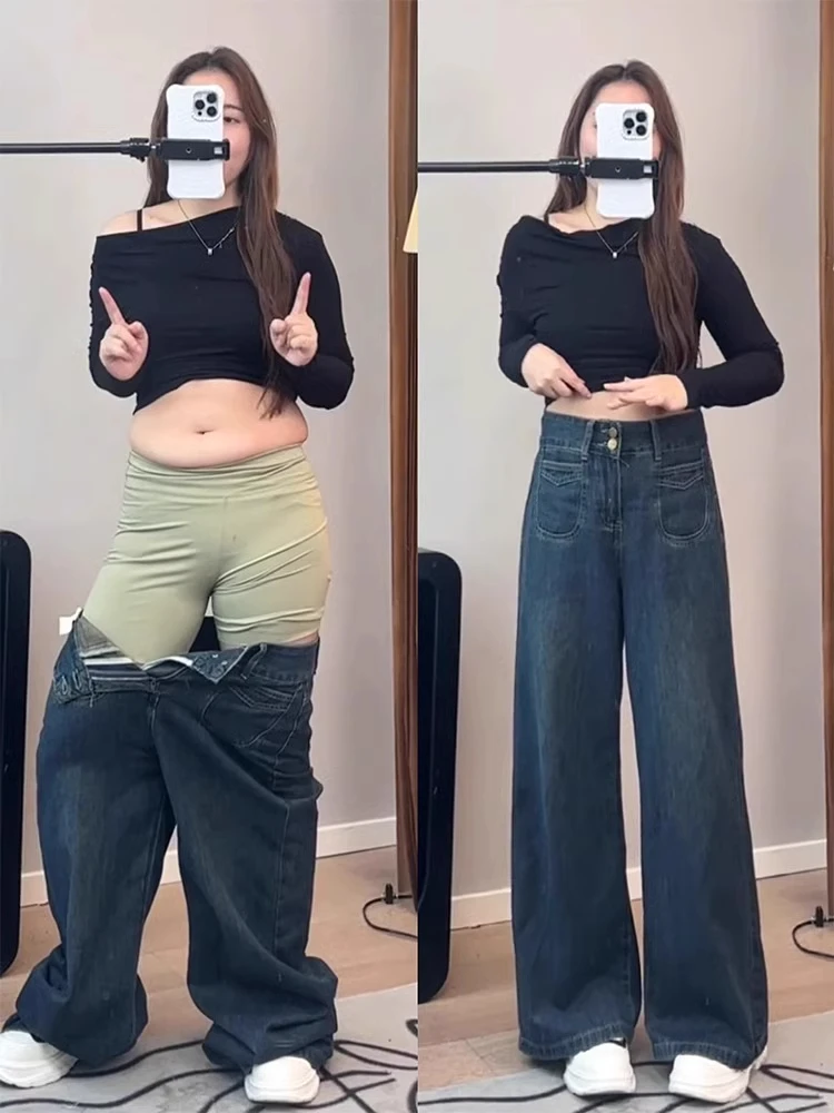 

American Style Retro High Waist Wide Leg Jeans Women's Spring Autumn plus Size Pear Shape Fat MM Loose Slim Straight Pants