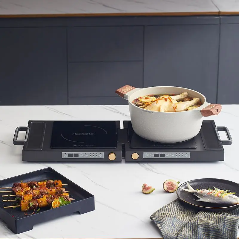 Multifunctional double-head folding induction cooker, hot pot barbecue, fierce firepower, smart home portable storage