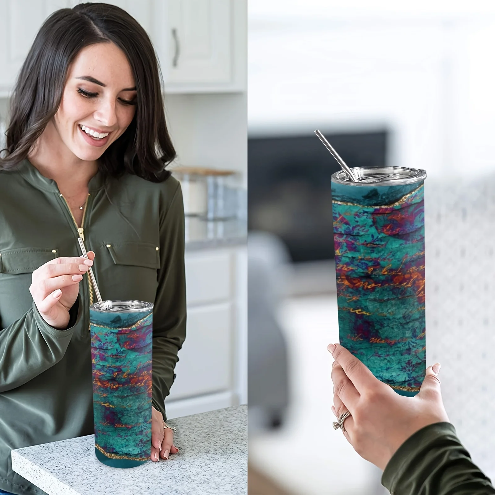 1pc20oz,Turquoise And Golden Abstract Tumbler with Lid And Straw, Stainless SteelStraight Water Bottle, Insulated Water Cups, Summer Winter Drinkware,Outdoor Travel Accessories,Valentine's Day Gifts