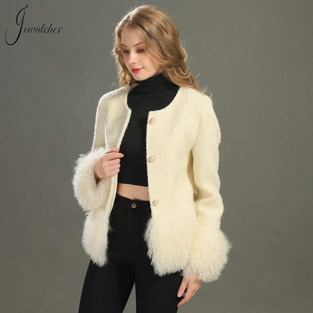 Jxwatcher Women's Wool Coat with Real Mongolian Sheep Fur 2023 Autumn Winter New Style Ladis Elegance Short Tweed Jacket Female