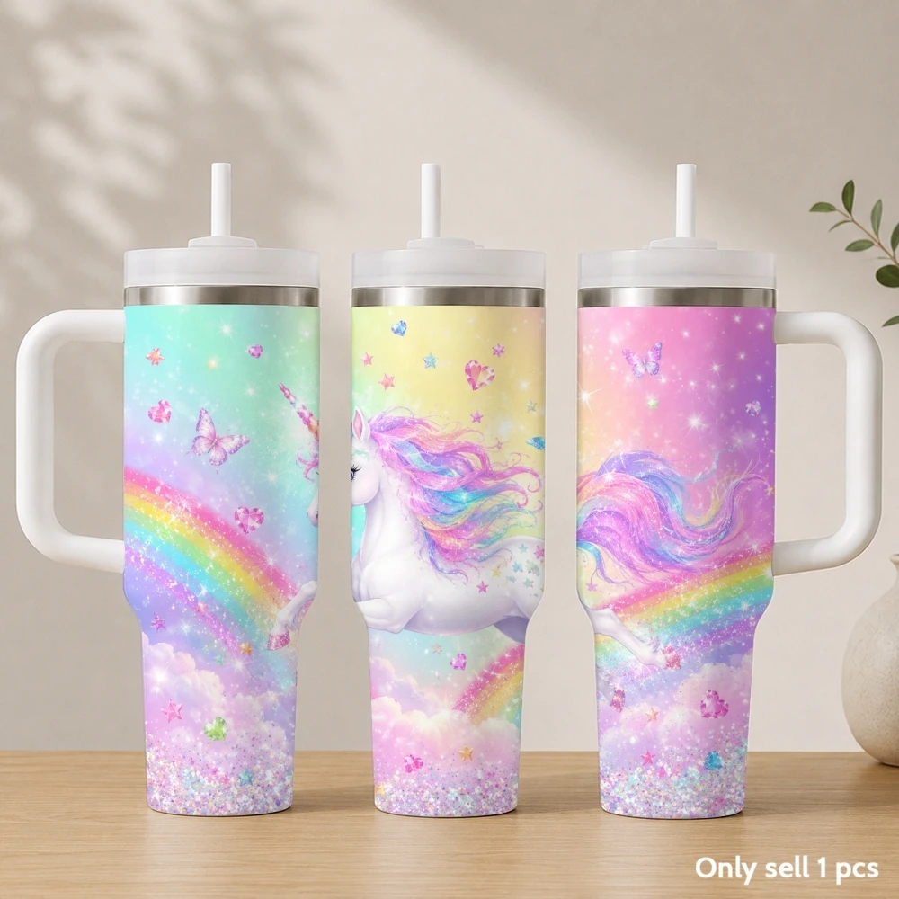 Colorful Rainbow Pony Vacuum Flasks 40oz Stainless Steel Insulated Tumbler with Handle & Straw Leakproof Travel Mug