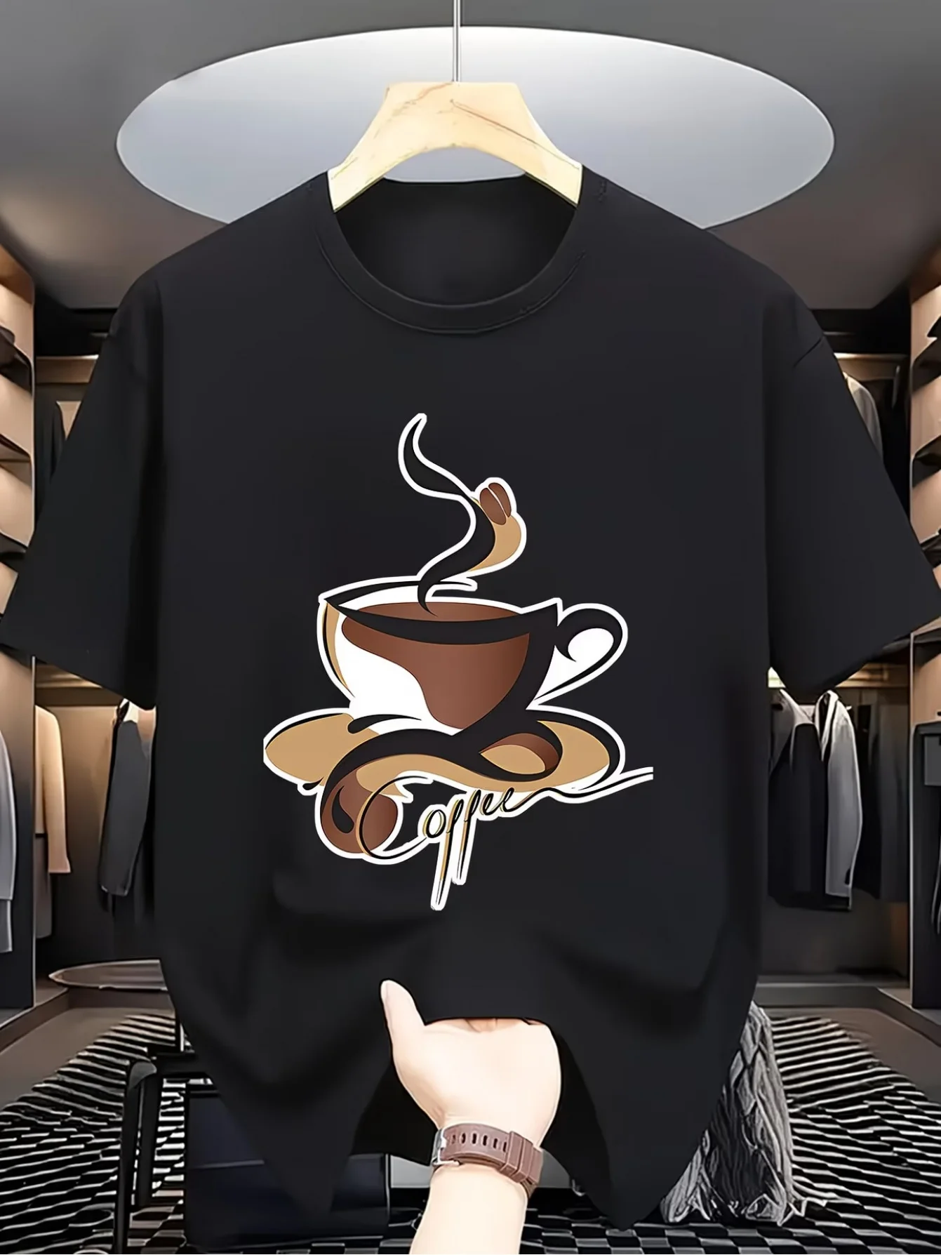 Minimalist Style Hand-Painted Coffee Cup Print Short-Sleeved Men's Versatile Commuter T-Shirt