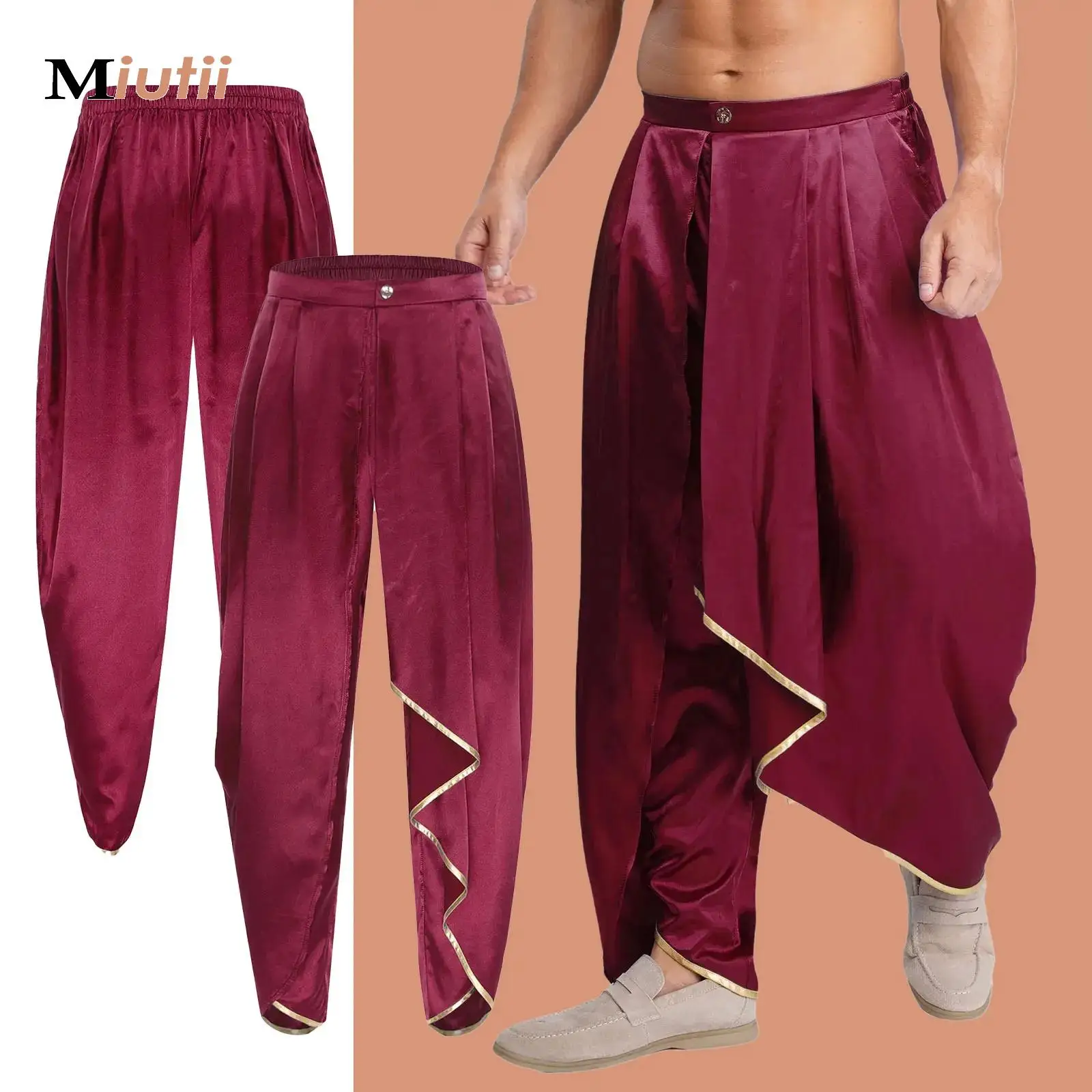 

Adult Belly Dance Harem Pants Men Pleated Drapes Dhoti Pants Loose Fit Trousers Arabian Prince Cosplay Costume Carnival Dress Up