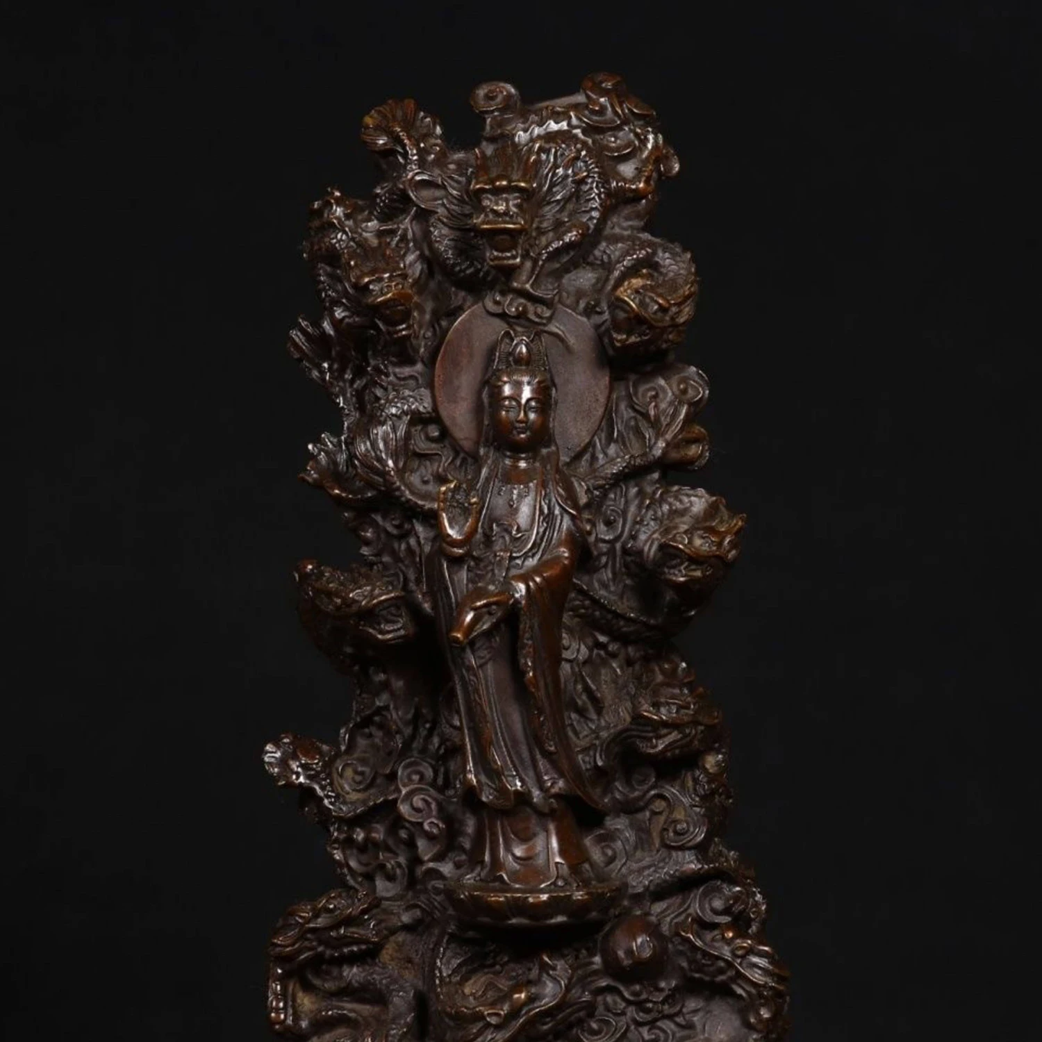 Pure Copper Nine Dragon Guanyin Bodhisattva Statue Buddhism Feng Shui Home Worship Craft Decor