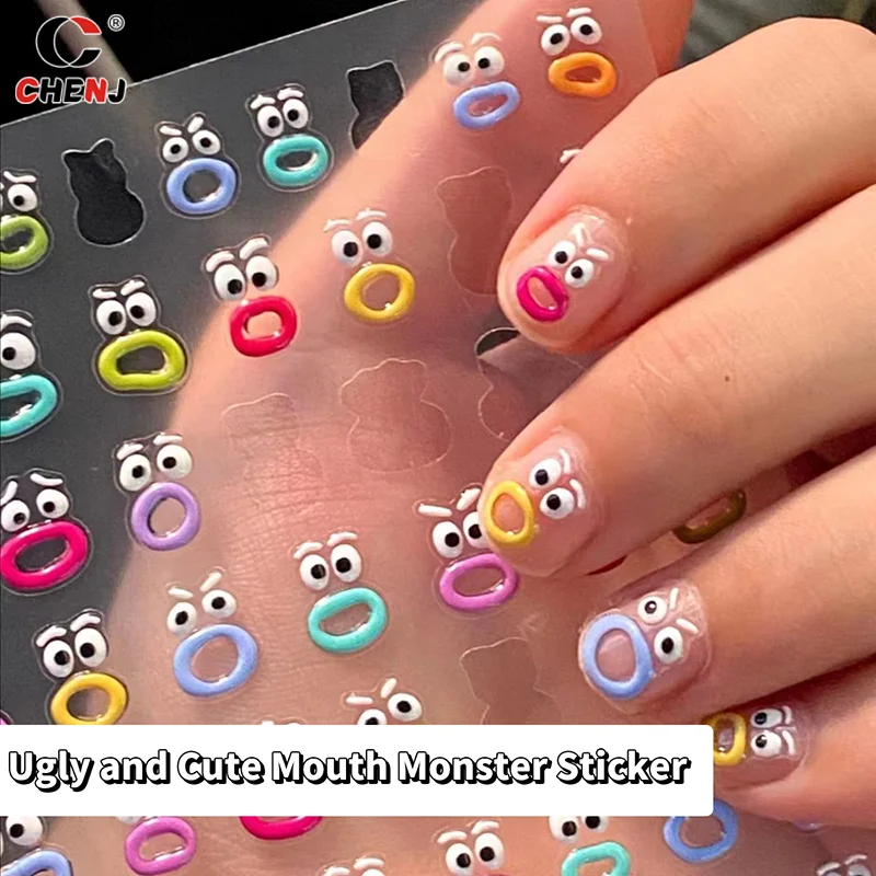 1Pcs Cute Kawaii Nails Stickers Creative Funny Mouth Monster Nail Art Sticker Fashion DIY Waterproof Peelable Nail Stickers