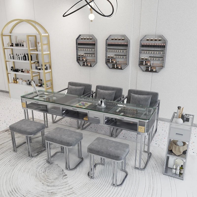 

Craft silver gray manicure table and chair set single double triple table glass surface light luxury manicure