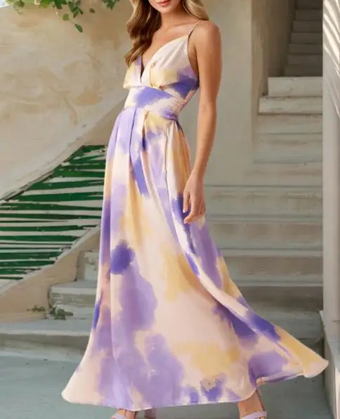 Dames getailleerde taille en elegante strandjurk 2025, zomer Boheemse vakantie, lange jurk met V-hals en bloemen