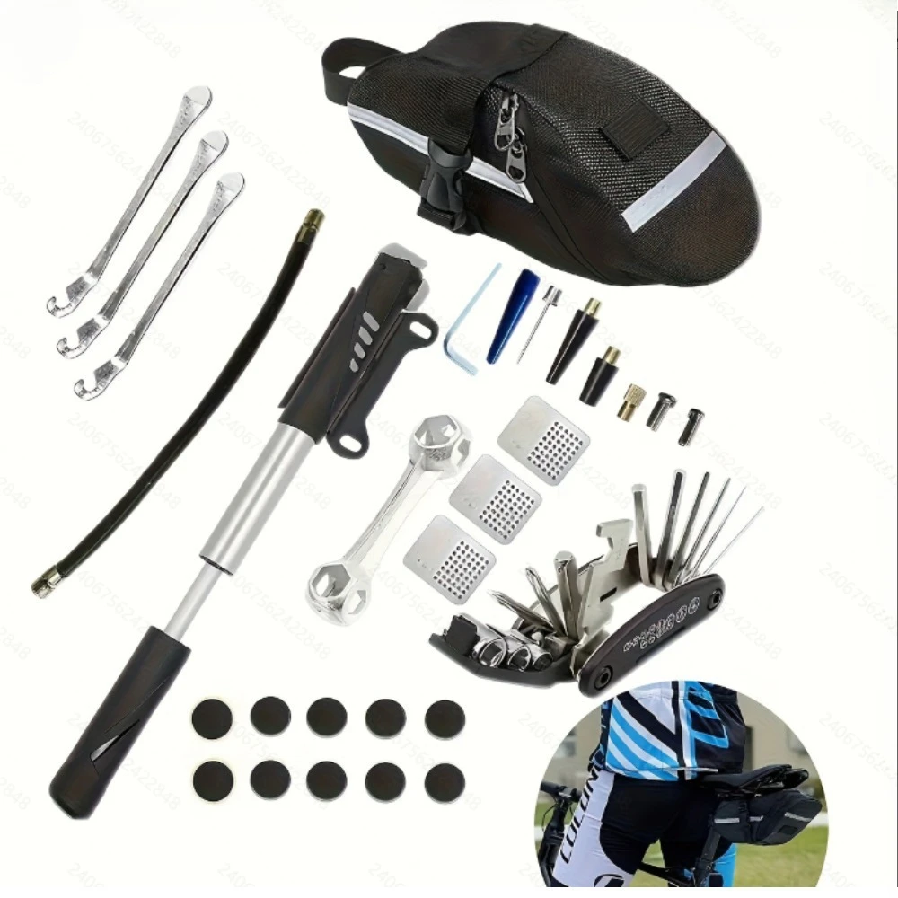 Glue-Free Tire Repair Kit with Air Pump - Portable Set with Multi-Function Tools & Wrenches for Motorcycles, Bicycles & Cars