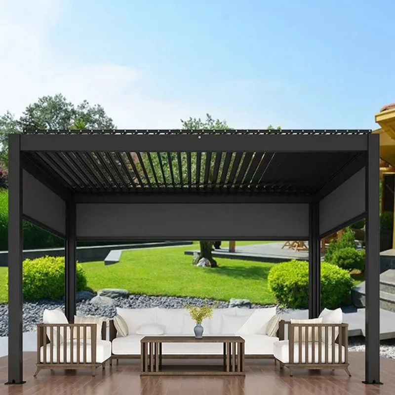 Weatherproof Motorized Louver Bioclimatic Pergola Aluminium Patio Gazebo Rain Sensor Auto Close Louvers Remote Powder Coated