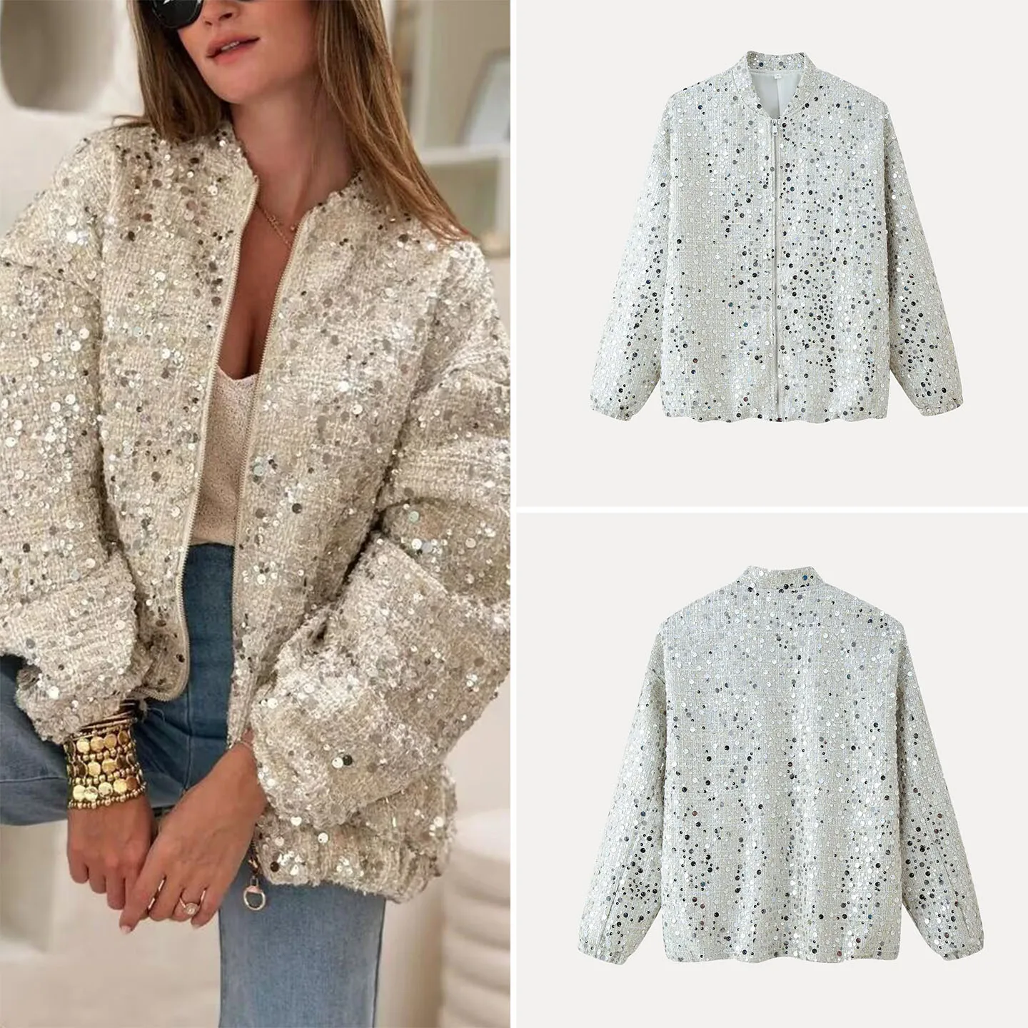 

iny Sequin Casual Long Sve Jaet Women's Faion Autumn 2025 Ele Leisure Outerwear Stand Fit Z Brand