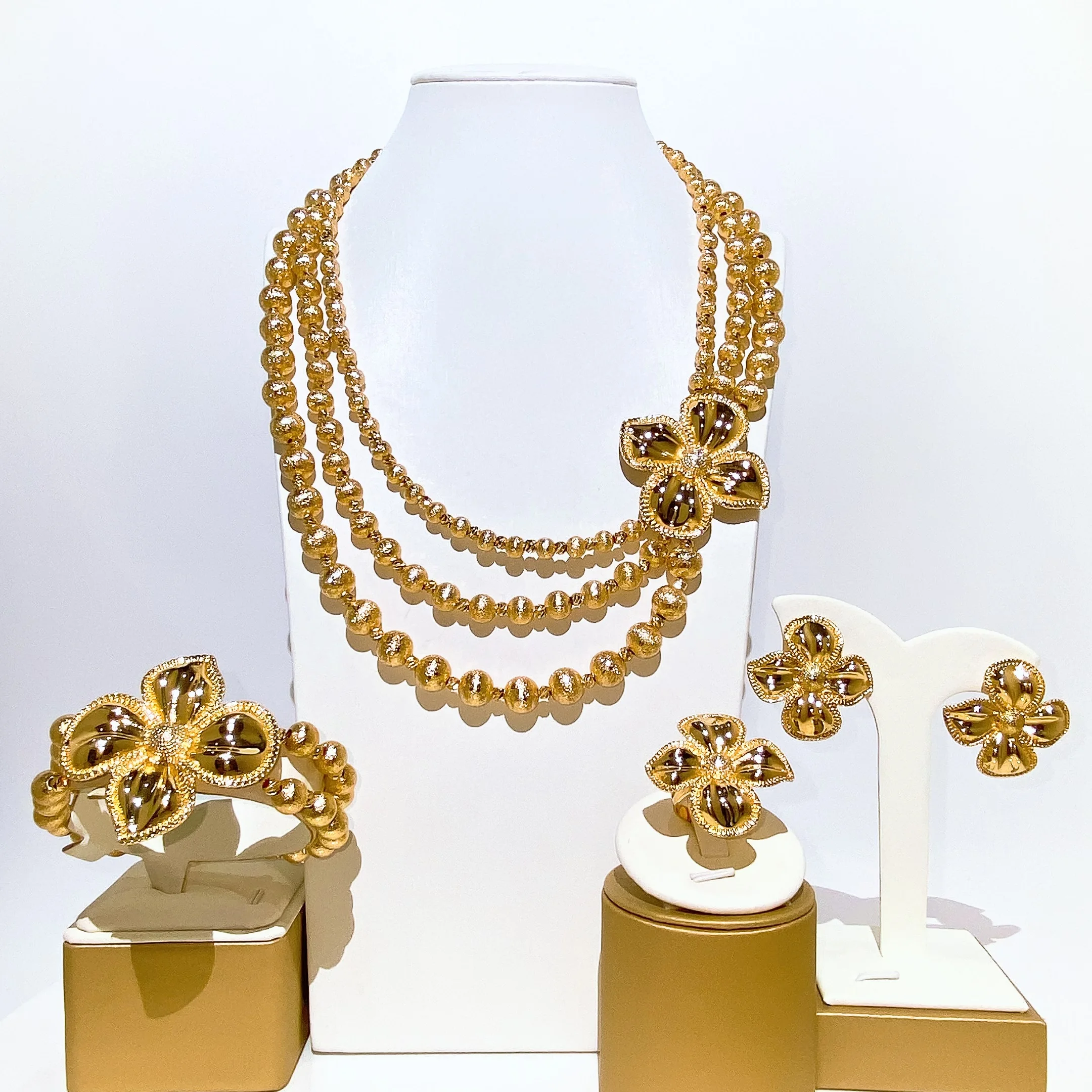 Dubai African 4‑Strand Beaded Jewelry Set Flower Pendant Necklace Earrings Bracelet Ring, Women Bridal Wedding Party Gold‑Plate