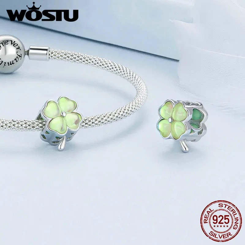 WOSTU-Colgante de trébol de corazón rosa para mujer, de Plata de Ley 925, cuentas degradadas de corazón, compatible con Pulsera Original, joyería