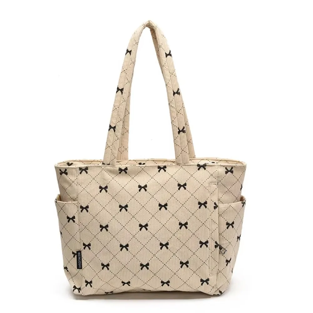

INS Corduroy Tote Bag Korean Style Bow Pattern Travel Shoulder Bag Zipper closure Multi-Pockets Women's Underarm Bag Underarm