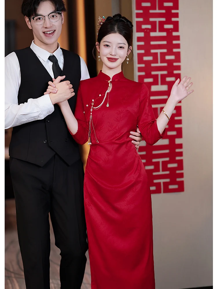 

Red Wedding Dr for Women New 2026 Cus Made Bridal Gown Low Slit Long Sve Polyester Fibre Vintage Sle