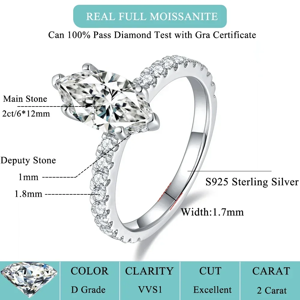 FEOBUR 2CT Marquise Moissanite Engagement Rings for Women Gift 925 Sterling Silver Lab Diamond Wedding Band with GRA Certificate