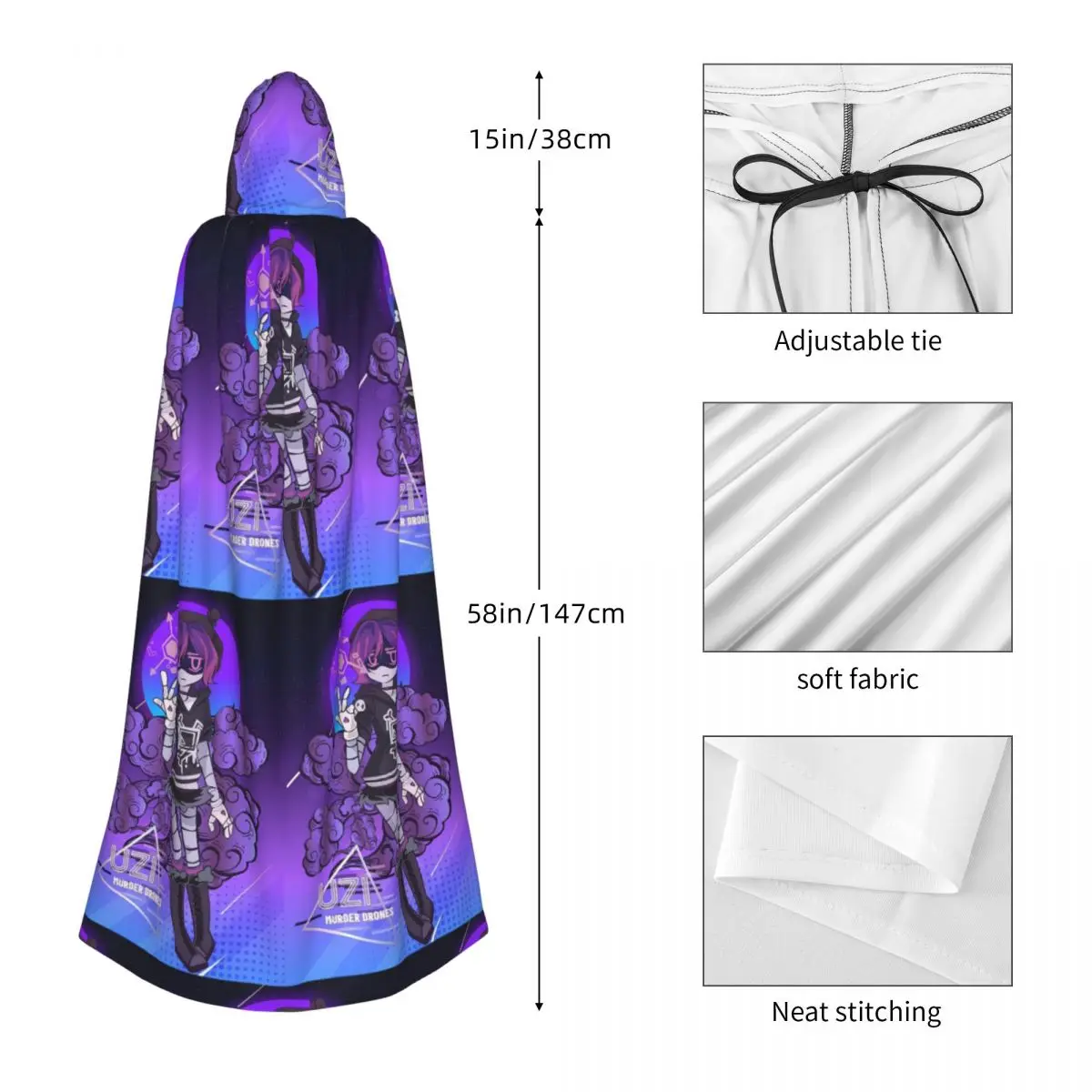 Murder Drones N And Uzi Doorman Long Hooded Cloak Witch Medieval Costume Cosplay Cape HalloweenVampire Adult Unisex - view 3