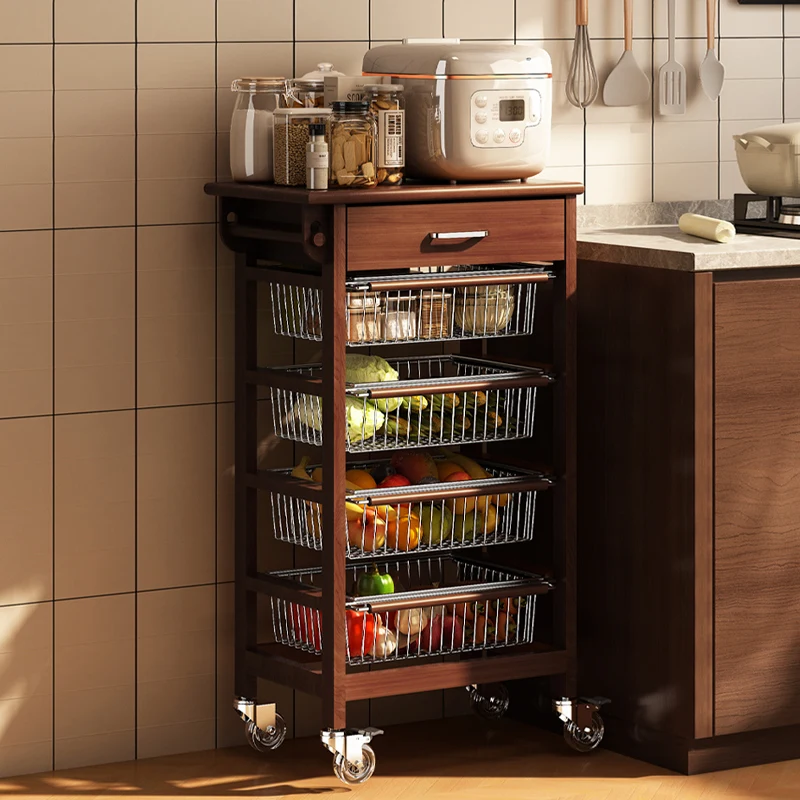 

Solid wood trolley rack multi-layer kitchen mobile side cabinet