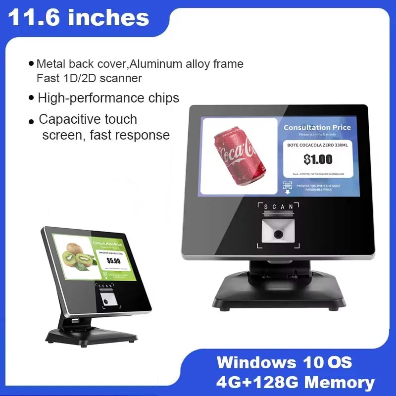 Foldable Stand 11.6 Inch Windows POS With Barcode Scanner 4G+128G Touch Screen Kiosk Desktop 1D/2D Price Checker WIFI RJ45